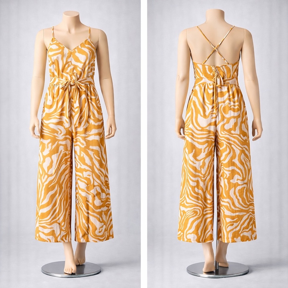 Mustard Zebra Print Wide-Leg Jumpsuit with Tie Waist